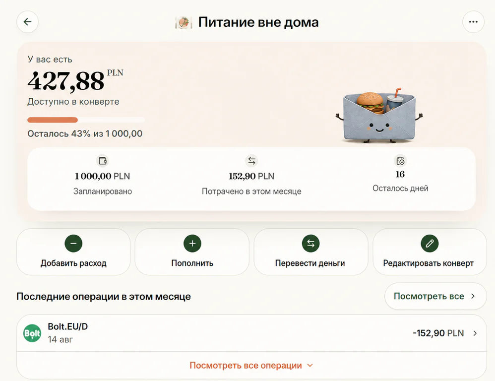 Баланс и история конверта