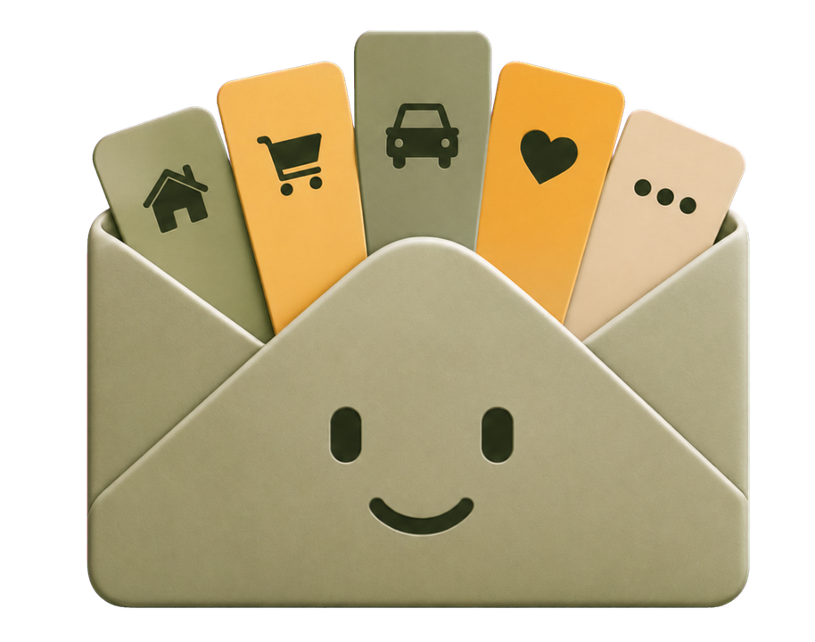 Stack of paper envelopes labelled Food, Travel and Savings